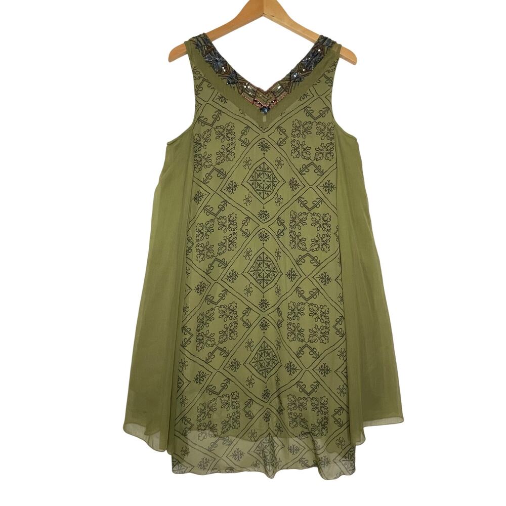 FREE PEOPLE Women’s Ancient Mystery Beaded Green Geo Print Swing Dress - Picture 6 of 8